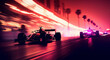 Colourful neon race car on the race track, Formula 1 at night competing at high speed in motion blur, light trails
