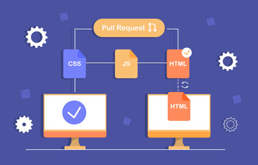pull request concept. computer monitor with files and web pages. modern technologies and digital wor
