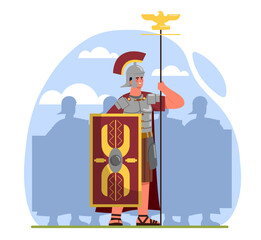 Roman legionary with spear concept. Man in armor with shield. Ancient warrior in helmet. Young guy in historical scene. Army war soldier. Antique weapon. Cartoon flat vector illustration