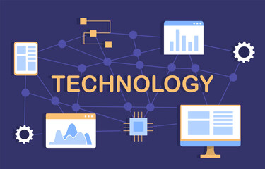 Wall Mural - technology and devices concept. computer, smartphone and chips. graphs and diagrams. synchronization