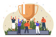 Team of winners with cup concept. Mena nd women with large gold trophy. Prize, award and reward. Achievement and success. Teamwork and cooperation, collaboration. Cartoon flat vector illustration