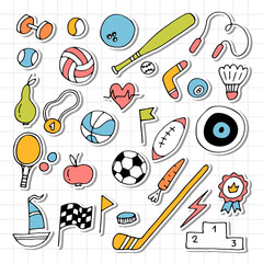 Wall Mural - Set of hand drawn sport elements. Sport equipments icons collection. Fitness, healthy lifestyle. Stickers