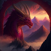 Against A Canvas Of An Opulent Sky Painted In Shades Of Ruby And Gold, A Mysterious Figure Donning A Cloak Embellished With Celtic Dragon Symbols Stands By A Portal Resembling A Colossal Dragon's Mout