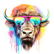 Cartoon Colorful Bull With Sunglasses On White Background.