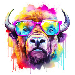Wall Mural - cartoon colorful bull with sunglasses on white background.