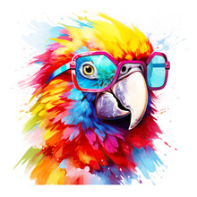 Cartoon Colorful Parrot With Sunglasses On White Background.