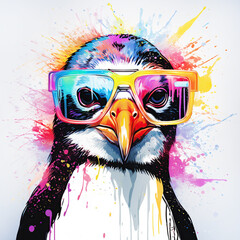 Wall Mural - cartoon colorful penguin with sunglasses on white background.