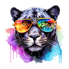 Wall Mural - cartoon colorful panther with sunglasses on white background.