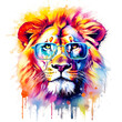 Cartoon colorful lion with sunglasses on white background.
