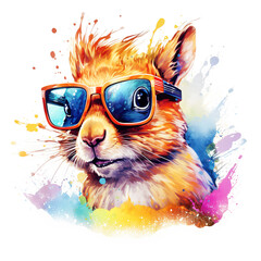  Cartoon colorful squirrel with sunglasses on white background.