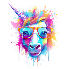 Wall Mural - cartoon colorful unicorn with sunglasses on white background.