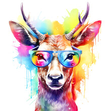 Cartoon Colorful Deer With Sunglasses On White Background.