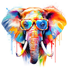 Wall Mural - cartoon colorful elephant with sunglasses on white background.