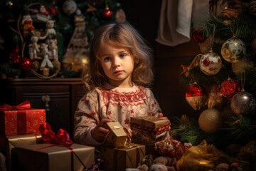 Children looking at and playing with Christmas tree toys in decked room for family Christmas night.