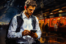 A Businessman With A Mobile Phone In His Hands, In Front Of A Train At The Train Station, Receiving Mail Before Boarding The Train, Watercolor Style