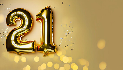 Wall Mural - Banner with number 21 golden balloons with copy space. Twenty-one years anniversary celebration concept on a yellow background with shiny bokeh.