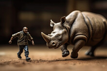 Miniature People Figurine Of Man Runs Away From An Enraged Attacking Rhino Outdoors