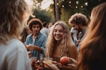 Young happy friends gathered together to spend summer evening enjoying pleasant conversation, delicious food in backyard outdoors They laugh and joke merrily, forgetting about all problems and worries