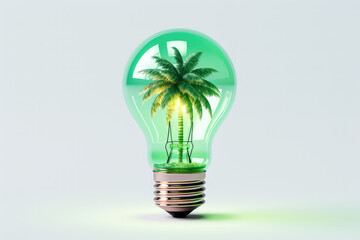 Glass electric light bulb with miniature tropical palm trees inside isolated on flat grey background with copy space. Creative concept good idea to go on vacation. 3d render illustration style.