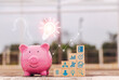 Saving  money.Pig piggy bank with light bulb.The icon finance on wood block. save money.investment,bank,finance,Photo financial saving and Saving.