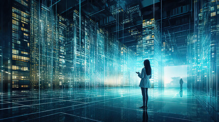 A skilled and accomplished IT specialist, this successful woman excels in managing data centers. With her tablet computer in hand, she effortlessly activates Augmented VFX Visualization at AI