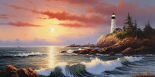 Vintage Oil Painting Sunlit Horizons Beckon - Coastal Wonders Unveiled - Let Sunlit Horizons Beckon You To Coastal Wonders Unveiled During Dramatic Sunrises And Suns Generative Ai Digital Illustration