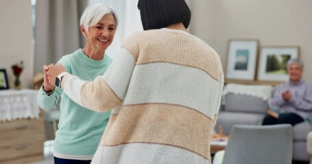 Wall Mural - Dancing, senior woman and caregiver with energy, music and freedom with happiness, stress relief and wellness. Female people, smile and ladies with movement, energetic and health in a living room