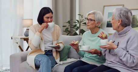 Poster - Friends, sofa and women visit in home for conversation, discussion and talking with caregiver. Happy, living room and female people on couch with tea for bonding, volunteering and relax together