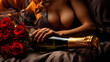 © Mr. Bolota - Sensual Seduction with Roses and Champagne. A Scene of Passion and Intimacy as a Woman Holds a Champagne Bottle on a Bed of Roses. AI Generative.
