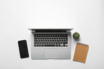 Wall Mural - Laptop, smartphone, notebook and houseplant on white background, flat lay. Space for text