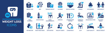 Weight Loss Icon Set. Containing Diet, Manage Weight, Calories, Healthy Eating, Cardio, Fat Burning, Meal Planning, Body Measurement And Exercise Icons. Solid Icon Collection. Vector Illustration.