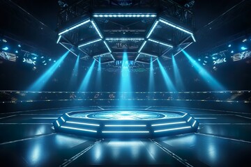 Wall Mural - Ring arena for boxing fight and MMA championship competitions. Ai. Background with stage surrounded with chainlink fence and spotlights