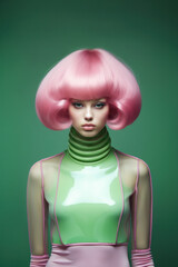 Sticker - Futuristic clothing and hairstyle. Fashionable young woman with pink hair