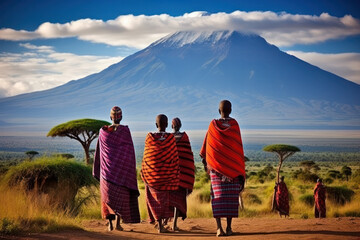 Wall Mural - Portrait of a Maasai women with traditional jewelry walking towards mount Kilimanjaro 