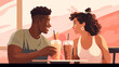 © PETR BABKIN - cheerful and happy couple in a cafe drinking cocktails, colorful illustration. Generative Ai.