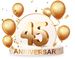 Wall Mural - 45th Anniversary celebration podium background with gold confetti and balloons