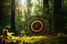 Round Target In The Forest, Aged Dartboard In The Jungle, Generative AI