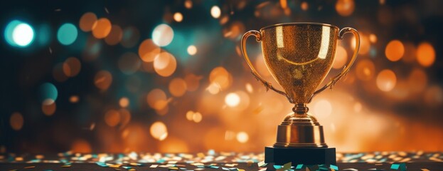 gold trophy cup on background with glittering confetti in bokeh style, winner trophy on blurred back