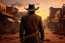Cowboy Seen From Behind On Old West Town Street, Cowboy In The Wild West, Generative AI