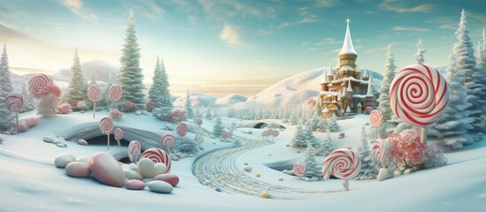 Wall Mural - Fantasy world at Christmas time with Christmas trees and giant sweets, christmas landscape, Generative AI