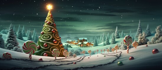 Wall Mural - Fantasy world at Christmas time with Christmas trees and giant sweets, christmas landscape, Generative AI