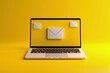 Laptop with envelope on screen on yellow background, email marketing concept, Generative AI

