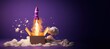 © Kaleb - Rocket flying from cardboard box on purple background with copy space, Generative AI