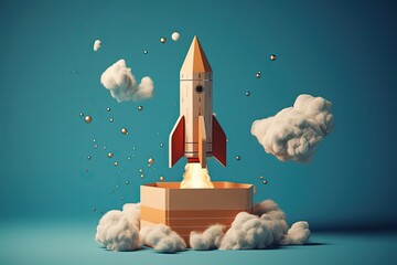 Wall Mural - Rocket flying from box releasing smoke on blue background, startup concept, Generative AI