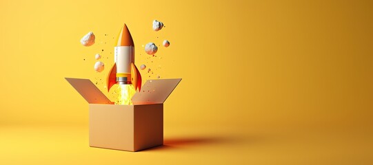 Wall Mural - Rocket flying from cardboard box on yellow background with copy space, startup concept, Generative AI