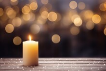 Christmas Candle On The Table With Blurred Lights In The Background, Generative AI