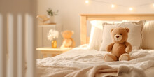 Children's Bed With Toy Bear In Cozy Bed, Cute Teddy Bear Sitting On Children's Bedroom