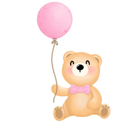 a little bear wearing a pink bow holding a cute pink balloon. used as an illustration