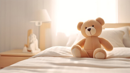 children's bed with toy bear in cozy bed, cute teddy bear sitting on children's bedroom