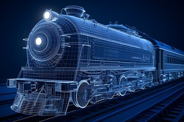 Wall Mural - old locomotive Steam train  blue wireframe in high speed running on the track, futuristic concept	